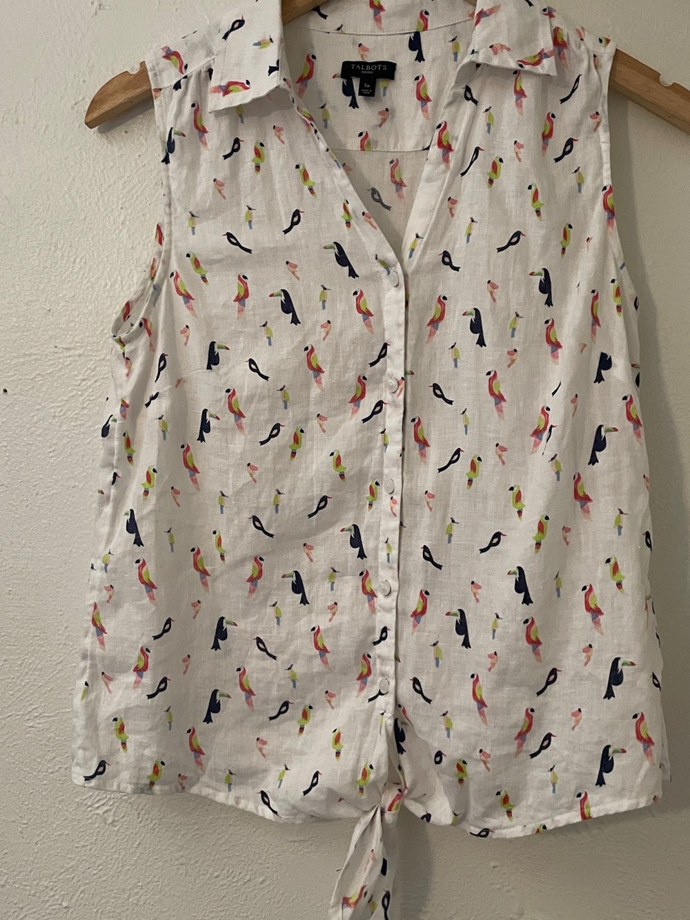 Talbots Petites Linen Tropical Bird Print Tie Front Sleeveless Blouse SP